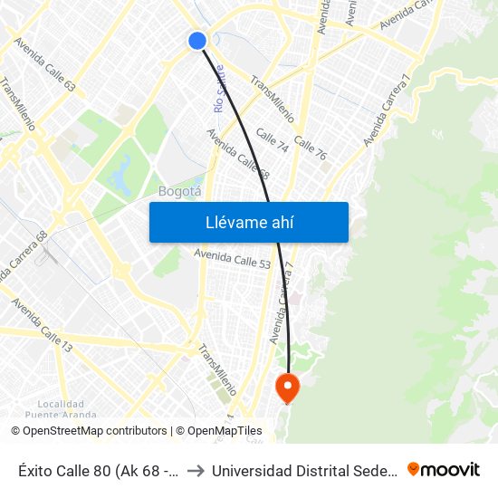 Éxito Calle 80 (Ak 68 - Ac 80) (A) to Universidad Distrital Sede Macarena A map