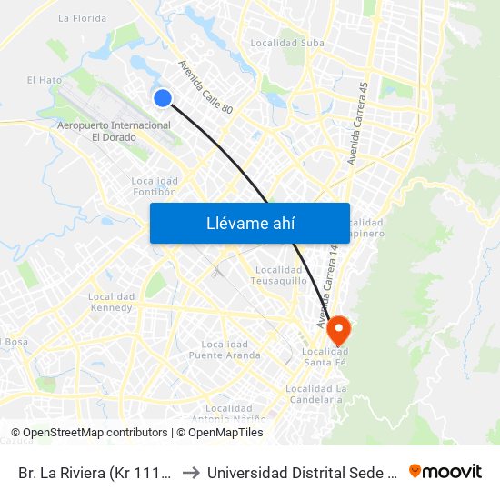 Br. La Riviera (Kr 111c - Cl 70b) to Universidad Distrital Sede Macarena A map