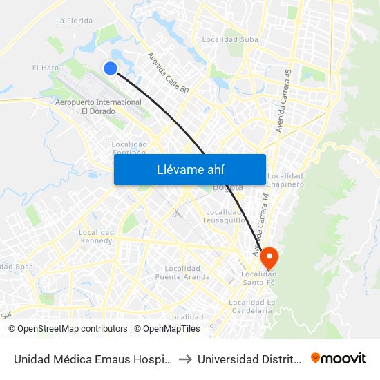 Unidad Médica Emaus Hospital Engativá (Cl 64 - Kr 121) to Universidad Distrital Sede Macarena A map