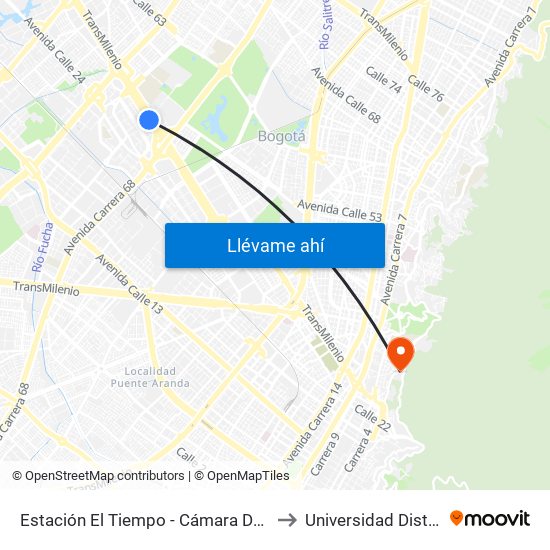 Estación El Tiempo - Cámara De Comercio De Bogotá (Ac 26 - Kr 68d) to Universidad Distrital Sede Macarena A map