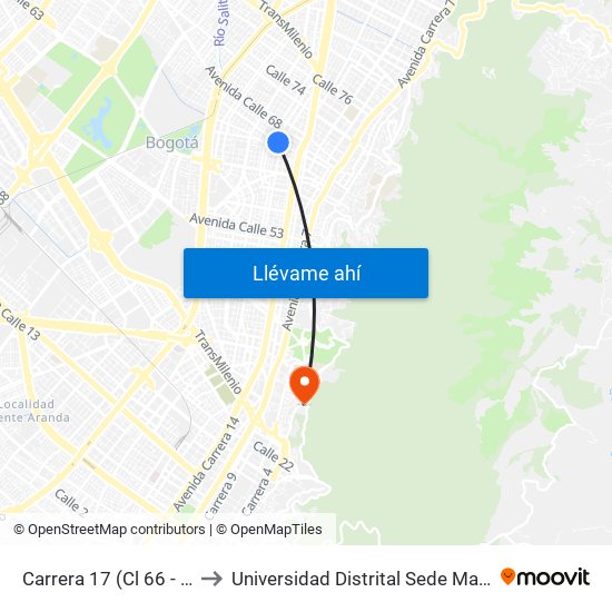 Carrera 17 (Cl 66 - Kr 17) to Universidad Distrital Sede Macarena A map