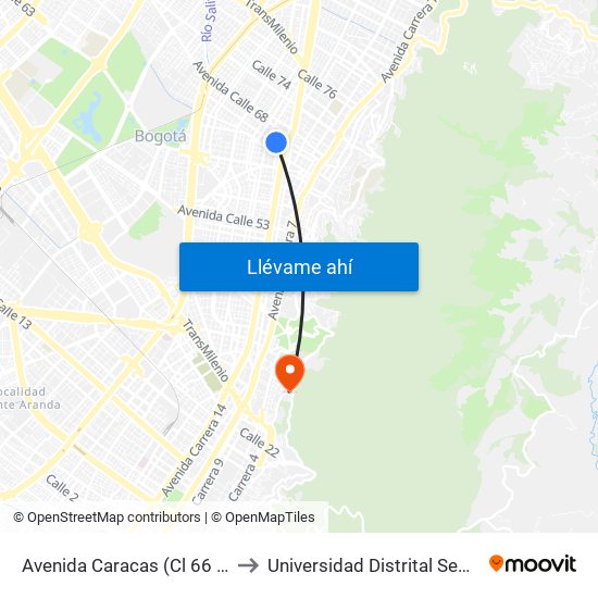 Avenida Caracas (Cl 66 - Av. Caracas) to Universidad Distrital Sede Macarena A map