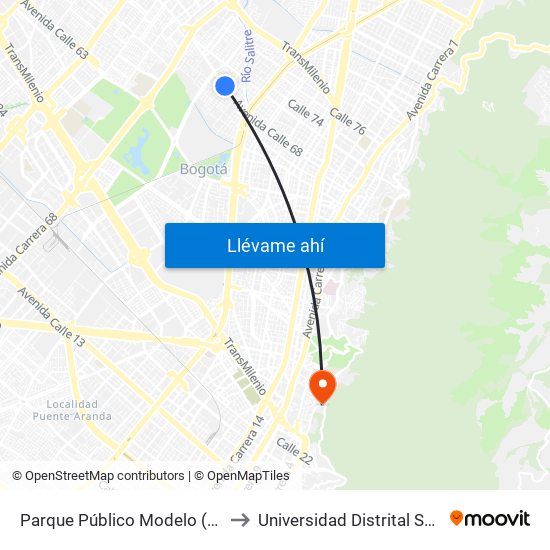 Parque Público Modelo (Ac 68 - Kr 57) (A) to Universidad Distrital Sede Macarena A map
