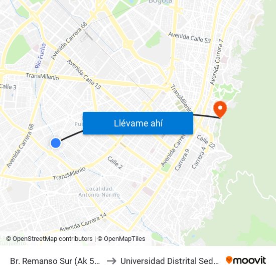 Br. Remanso Sur (Ak 50 - Cl 17 Sur) to Universidad Distrital Sede Macarena A map