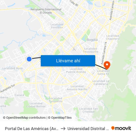 Portal De Las Américas (Av. V/cio - Av. C. De Cali) to Universidad Distrital Sede Macarena A map