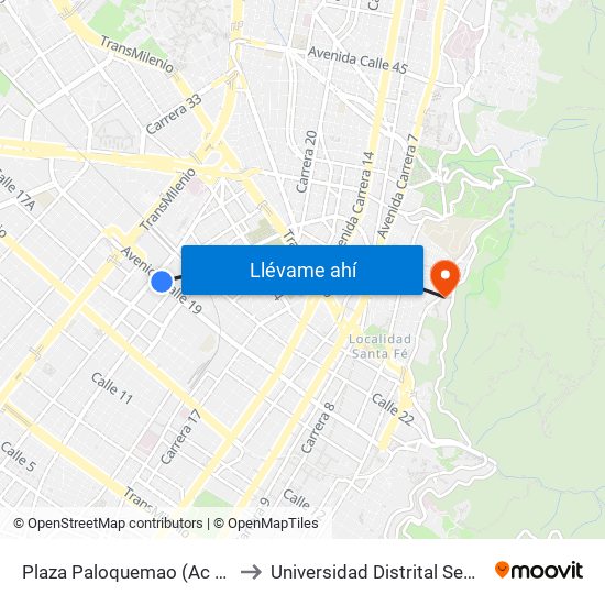 Plaza Paloquemao (Ac 19 - Kr 27) (A) to Universidad Distrital Sede Macarena A map