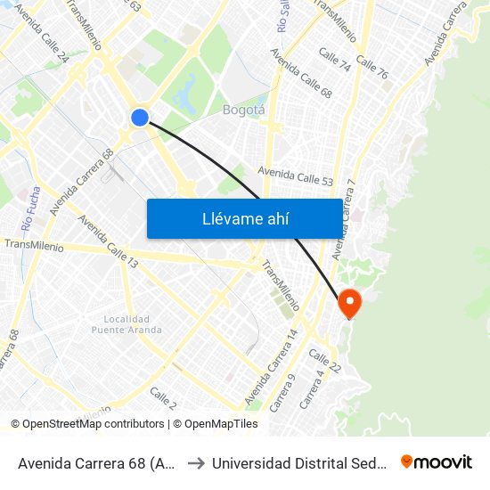 Avenida Carrera 68 (Ac 26 - Kr 68) to Universidad Distrital Sede Macarena A map