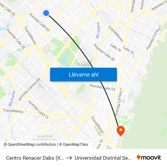 Centro Renacer Dabs (Kr 77a - Cl 64j) to Universidad Distrital Sede Macarena A map