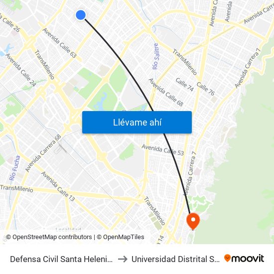 Defensa Civil Santa Helenita (Kr 77a - Cl 69a) to Universidad Distrital Sede Macarena A map