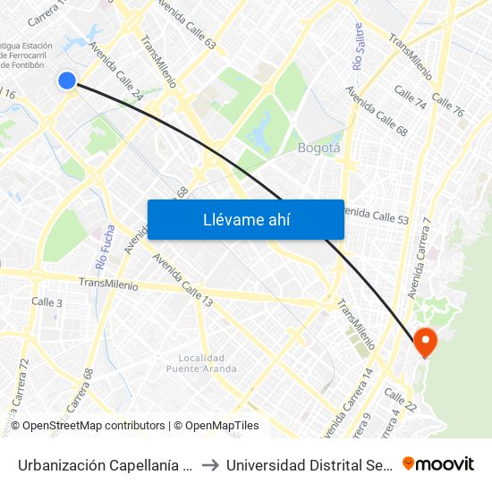 Urbanización Capellanía (Ac 22 - Kr 87c) to Universidad Distrital Sede Macarena A map