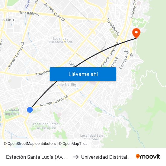 Estación Santa Lucía (Av. Caracas - Dg 45c Sur) to Universidad Distrital Sede Macarena A map