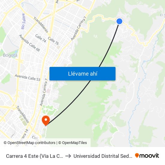 Carrera 4 Este (Vía La Calera Km 4,5) to Universidad Distrital Sede Macarena A map