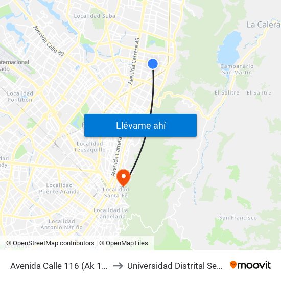 Avenida Calle 116 (Ak 15 - Ac 116) (A) to Universidad Distrital Sede Macarena A map