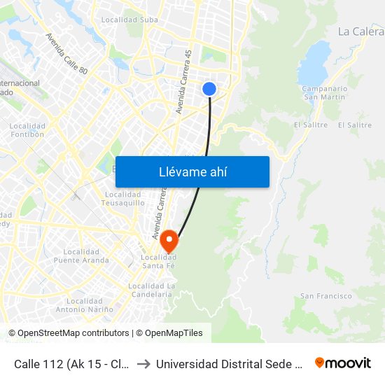 Calle 112 (Ak 15 - Cl 112) (A) to Universidad Distrital Sede Macarena A map