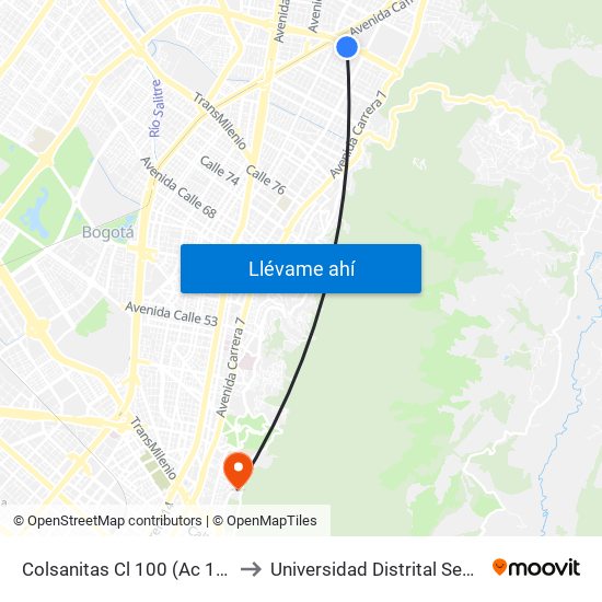 Colsanitas Cl 100 (Ac 100 - Kr 14) (C) to Universidad Distrital Sede Macarena A map