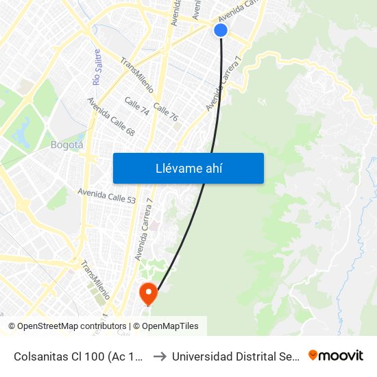 Colsanitas Cl 100 (Ac 100 - Kr 11b) (A) to Universidad Distrital Sede Macarena A map