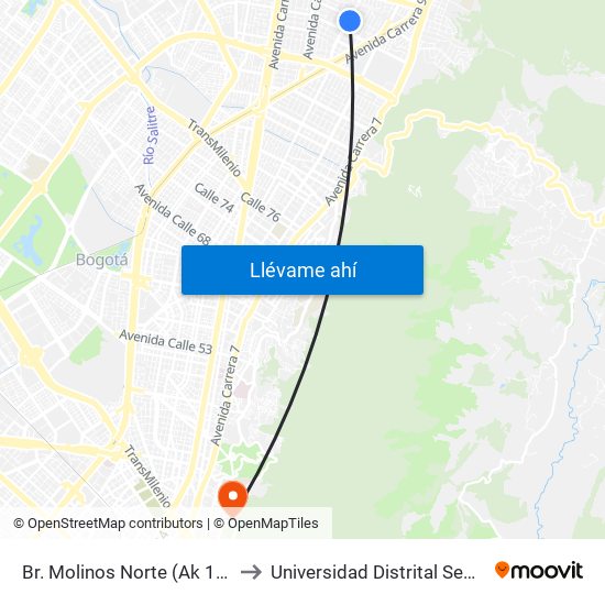 Br. Molinos Norte (Ak 15 - Cl 106) (A) to Universidad Distrital Sede Macarena A map