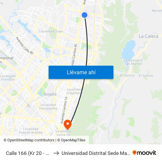 Calle 166 (Kr 20 - Cl 166) to Universidad Distrital Sede Macarena A map