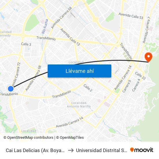 Cai Las Delicias (Av. Boyacá - Cl 43c Sur) (A) to Universidad Distrital Sede Macarena A map