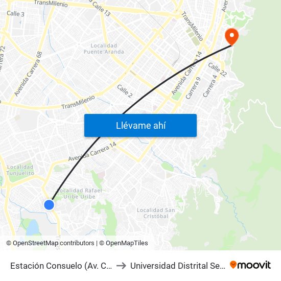Estación Consuelo (Av. Caracas - Kr 12a) to Universidad Distrital Sede Macarena A map