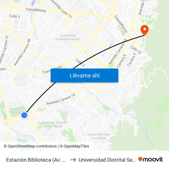Estación Biblioteca (Av. V/cio - Cl 51 Sur) to Universidad Distrital Sede Macarena A map