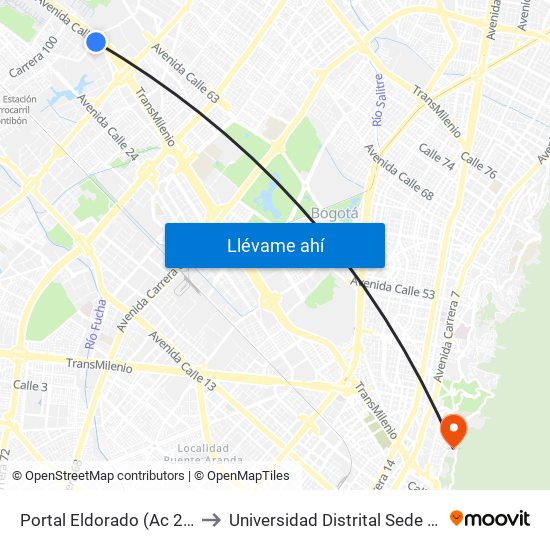 Portal Eldorado (Ac 26 - Ak 96) to Universidad Distrital Sede Macarena A map