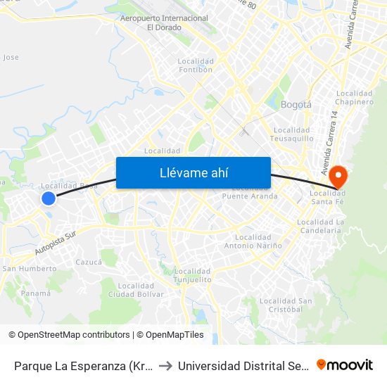 Parque La Esperanza (Kr 80j - Cl 75 Sur) to Universidad Distrital Sede Macarena A map