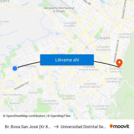 Br. Bosa San José (Kr 80i - Cl 85b Sur) to Universidad Distrital Sede Macarena A map