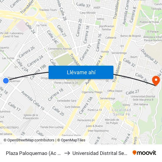 Plaza Paloquemao (Ac 19 - Kr 25) (A) to Universidad Distrital Sede Macarena A map
