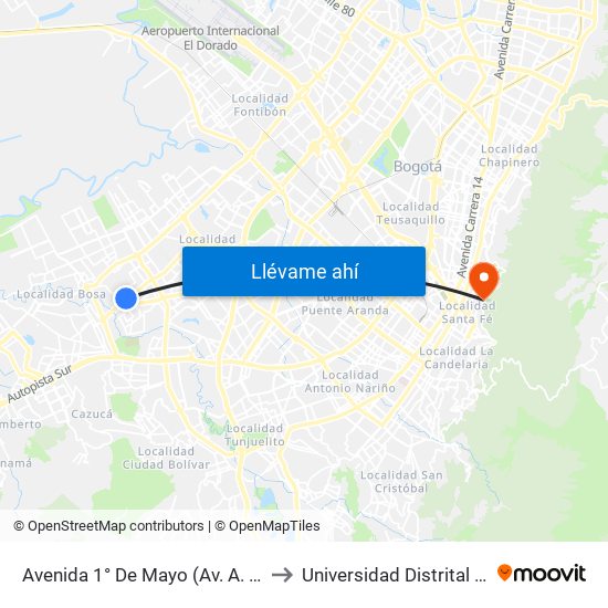 Avenida 1° De Mayo (Av. A. Mejía - Av. 1 De Mayo) to Universidad Distrital Sede Macarena A map