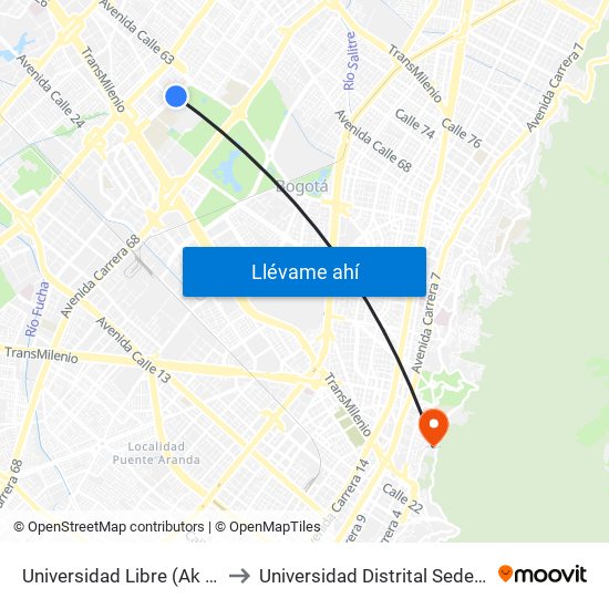 Universidad Libre (Ak 70 - Ac 53) to Universidad Distrital Sede Macarena A map