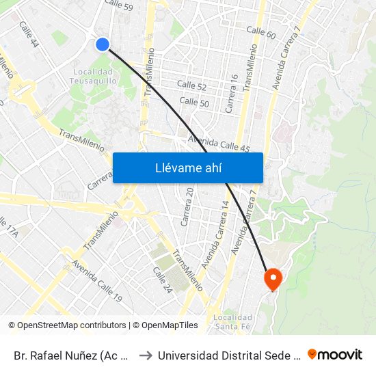 Br. Rafael Nuñez (Ac 53 - Ak 45) to Universidad Distrital Sede Macarena A map