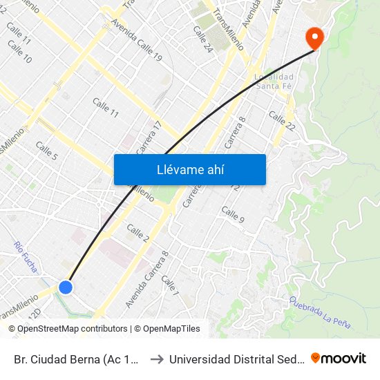Br. Ciudad Berna (Ac 11 Sur - Kr 12c) to Universidad Distrital Sede Macarena A map