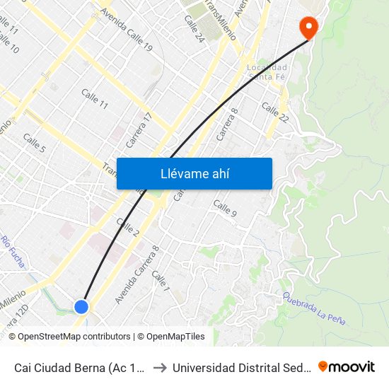 Cai Ciudad Berna (Ac 11 Sur - Ak 10) to Universidad Distrital Sede Macarena A map