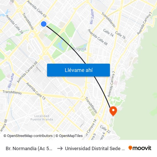 Br. Normandía (Ac 53 - Kr 70d) to Universidad Distrital Sede Macarena A map