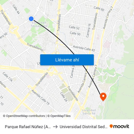 Parque Rafael Núñez (Ak 50 - Cl 44c) to Universidad Distrital Sede Macarena A map