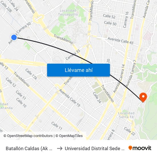 Batallón Caldas (Ak 50 - Cl 19) to Universidad Distrital Sede Macarena A map