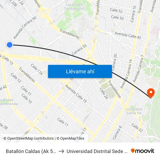 Batallón Caldas (Ak 50 - Ac 17) to Universidad Distrital Sede Macarena A map