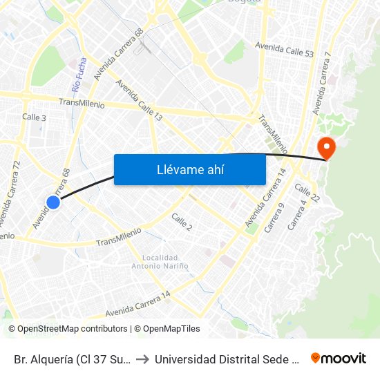 Br. Alquería (Cl 37 Sur - Kr 53) to Universidad Distrital Sede Macarena A map