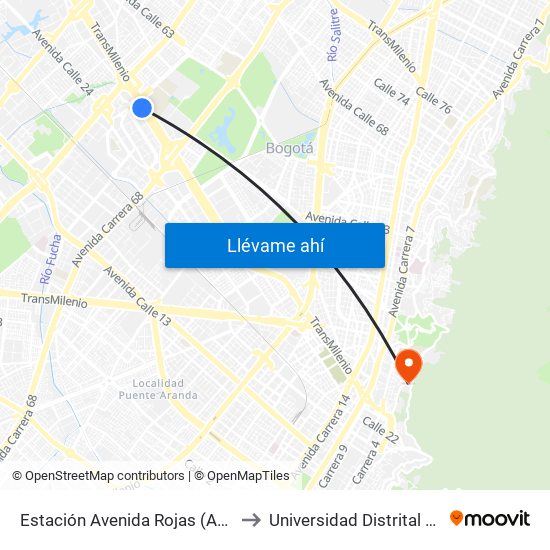 Estación Avenida Rojas (Ac 26 - Kr 69d Bis) (A) to Universidad Distrital Sede Macarena A map