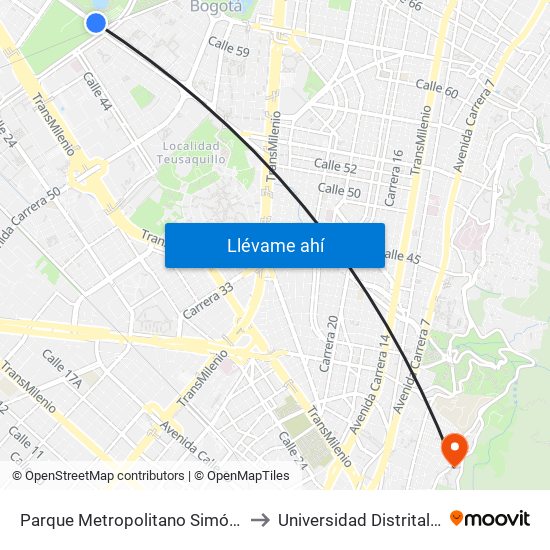 Parque Metropolitano Simón Bolívar (Ac 53 - Ak 60) to Universidad Distrital Sede Macarena A map