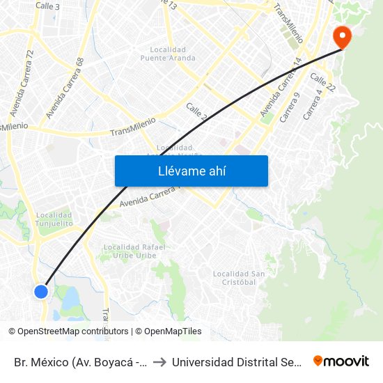 Br. México (Av. Boyacá - Cl 64 Sur) (A) to Universidad Distrital Sede Macarena A map