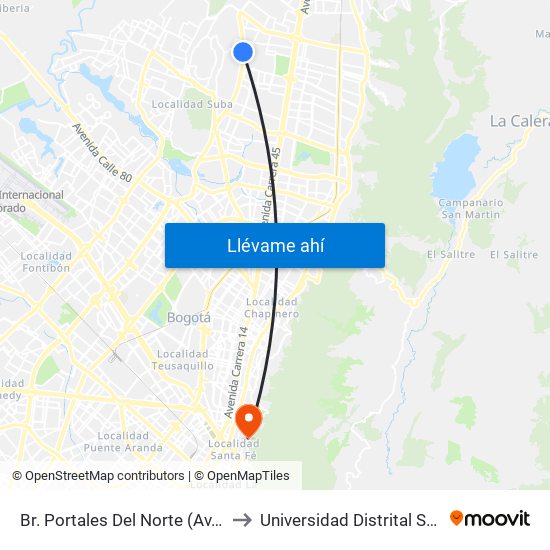 Br. Portales Del Norte (Av. Boyacá - Cl 163) to Universidad Distrital Sede Macarena A map