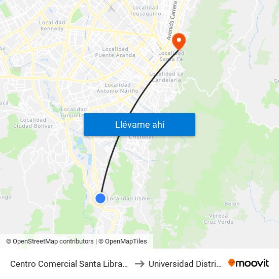 Centro Comercial Santa Librada (Av. Caracas - Cl 74c Sur) (A) to Universidad Distrital Sede Macarena A map