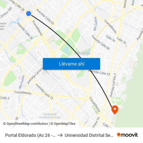 Portal Eldorado (Ac 26 - Av. C. De Cali) to Universidad Distrital Sede Macarena A map