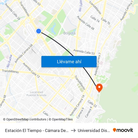 Estación El Tiempo - Cámara De Comercio De Bogotá (Ac 26 - Kr 68b Bis) to Universidad Distrital Sede Macarena A map