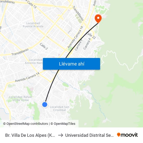 Br. Villa De Los Alpes (Kr 3b - Cl 36 Sur) to Universidad Distrital Sede Macarena A map