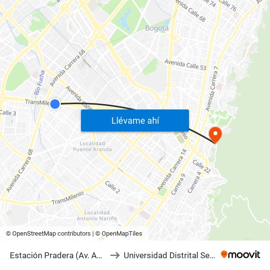 Estación Pradera (Av. Américas - Kr 65) to Universidad Distrital Sede Macarena A map
