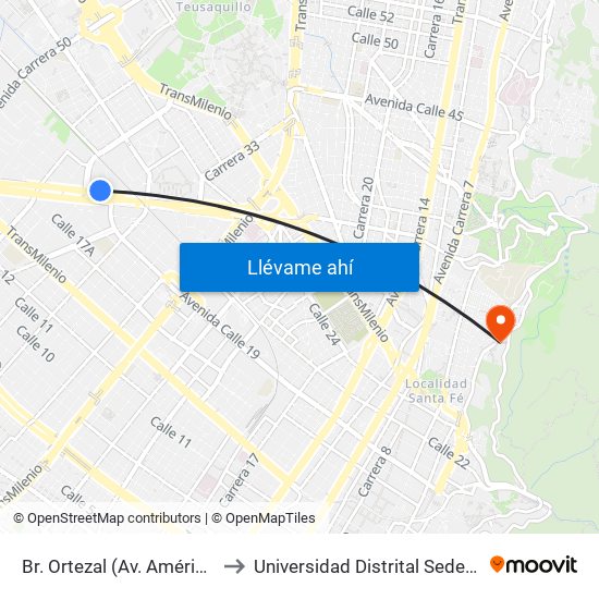 Br. Ortezal (Av. Américas - Tv 39) to Universidad Distrital Sede Macarena A map