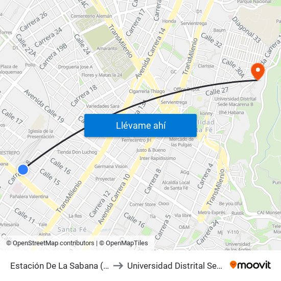 Estación De La Sabana (Ak 18 - Ac 13) to Universidad Distrital Sede Macarena A map